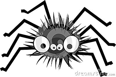 Funny big-eyed cartoon shaggy black spider Vector Illustration